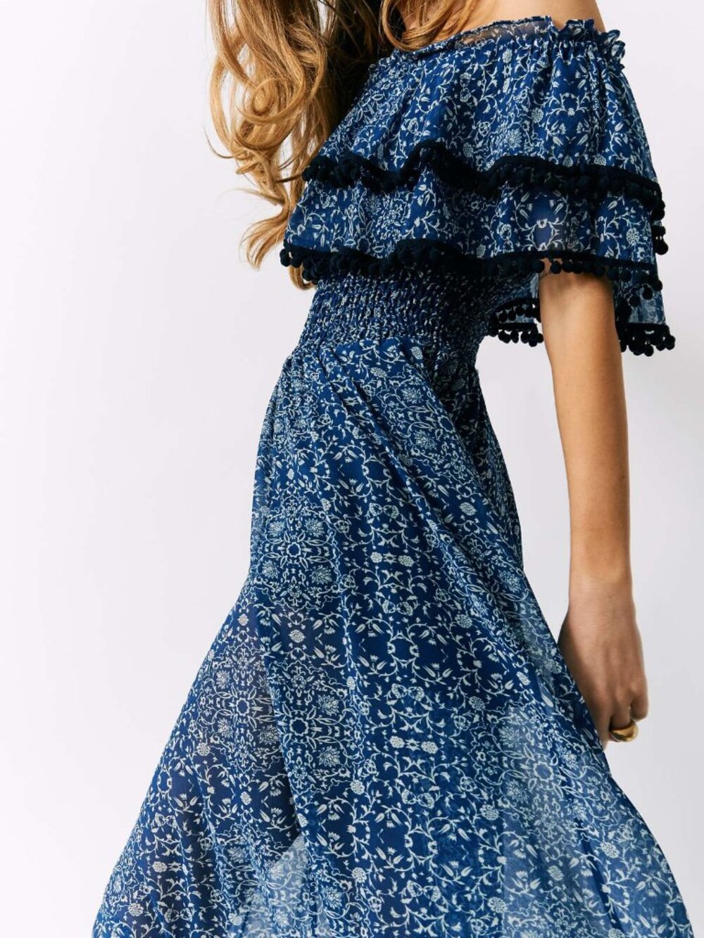 MISA LA Blue Maribel Pom-Pom Trim Off-Shoulder Midi Dress